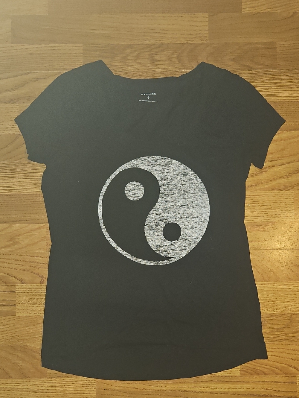 Express Black Short Sleeve Tee with Distressed Silver Yin-Yang